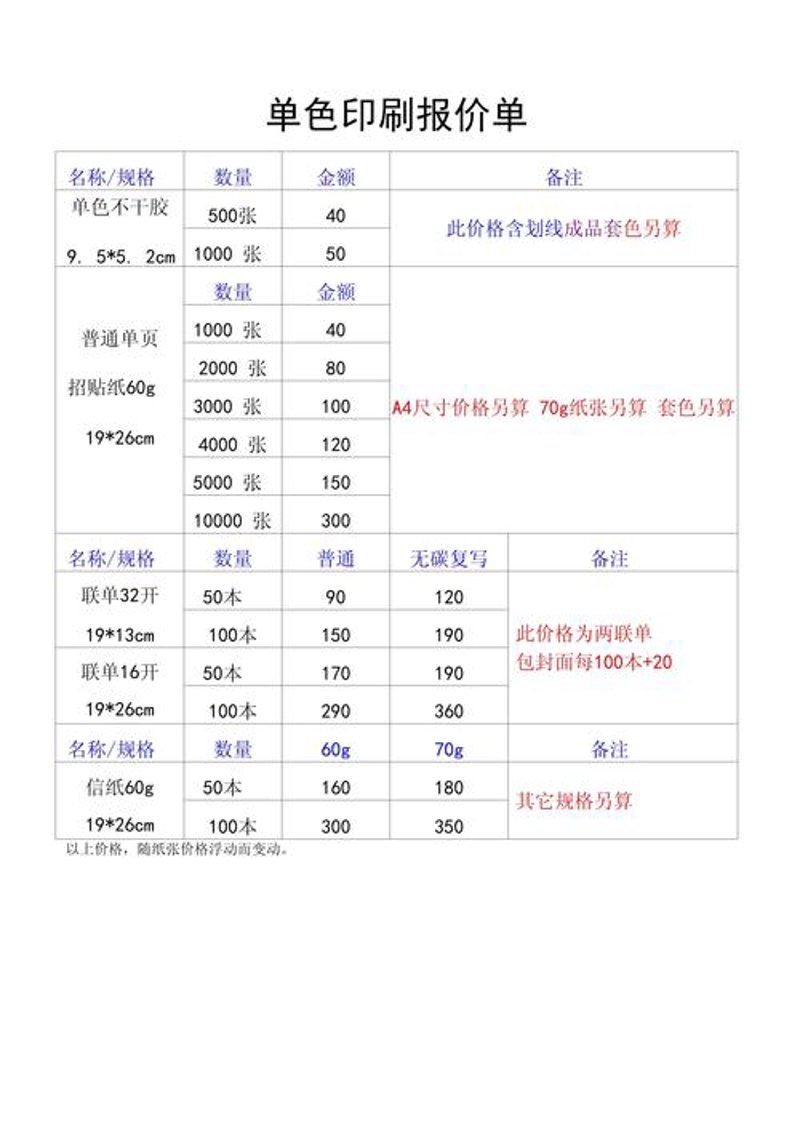 印刷报价